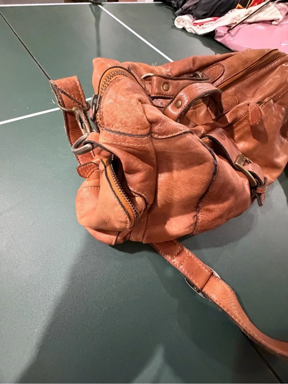 Leather Messenger Bag in Warm Brown with Buckle Detail